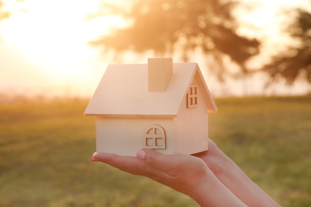 image,of,woman,holding,small,wooden,house,outdoors,at,sunset